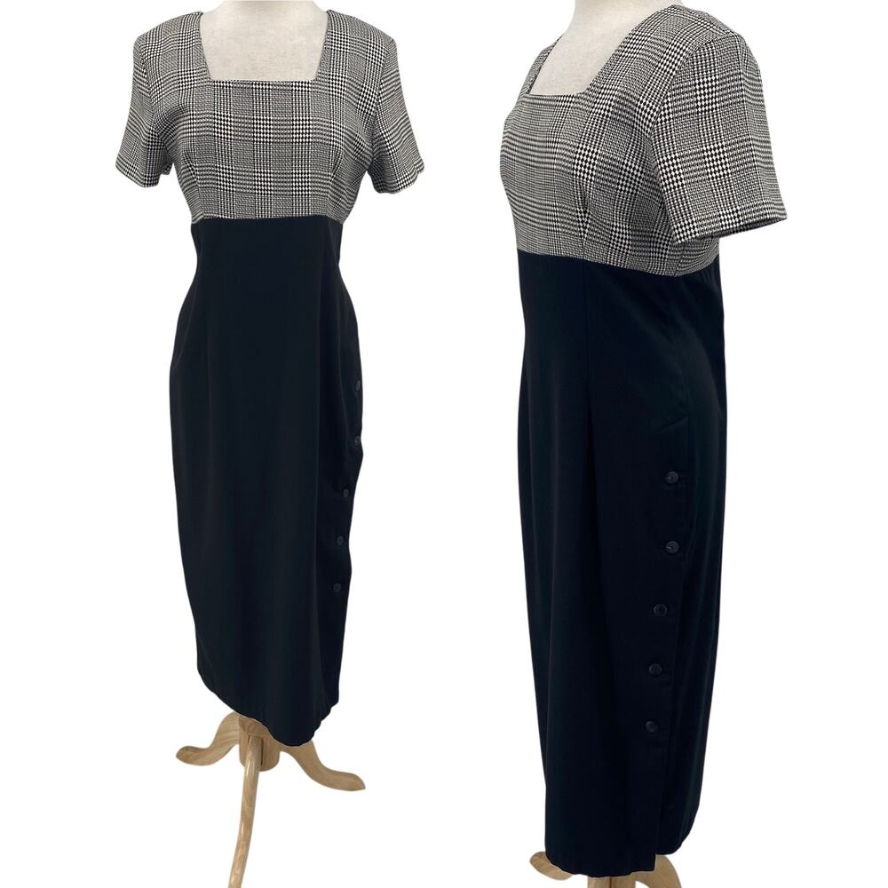 Vintage 80s Plaid Bodice Empire Waist Maxi Dress Square Neck Black White 10/12
